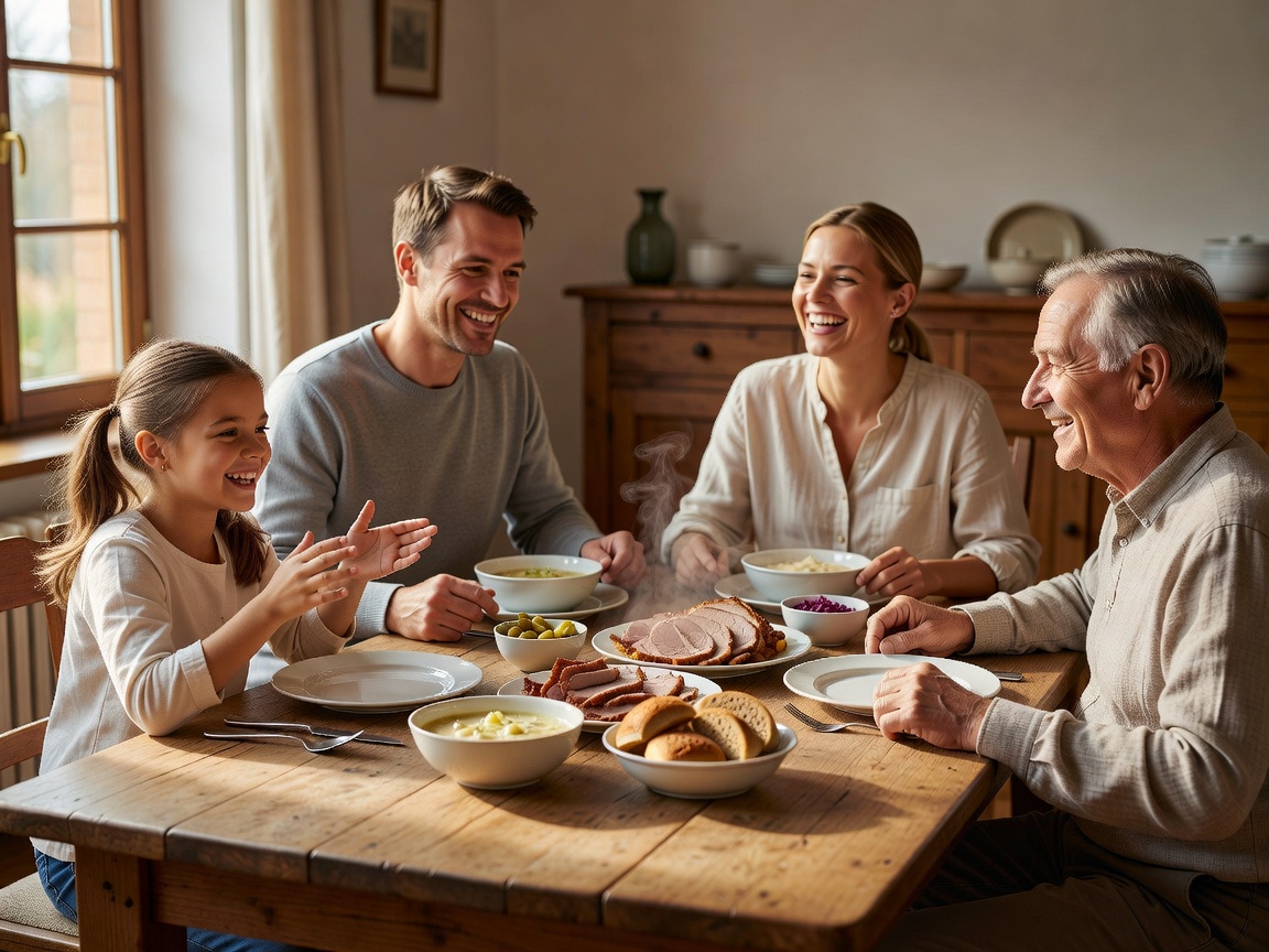 Eine Familie sitzt glücklich am Esstisch, ohne dass Smartphones oder Tablets präsent sind
