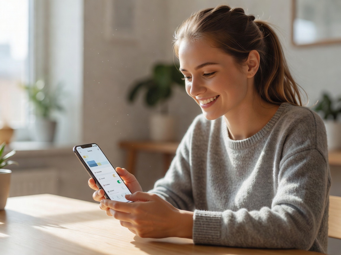 Eine junge Frau lächelt, während sie eine Fokus-App auf ihrem Smartphone einrichtet